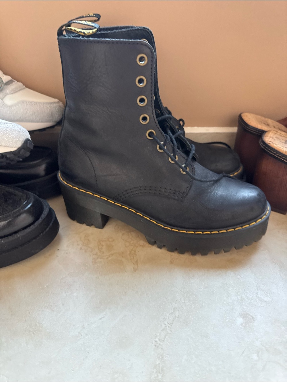 Dr. Martens Black Lace-Up Platform Combat Boots with Yellow Stitching